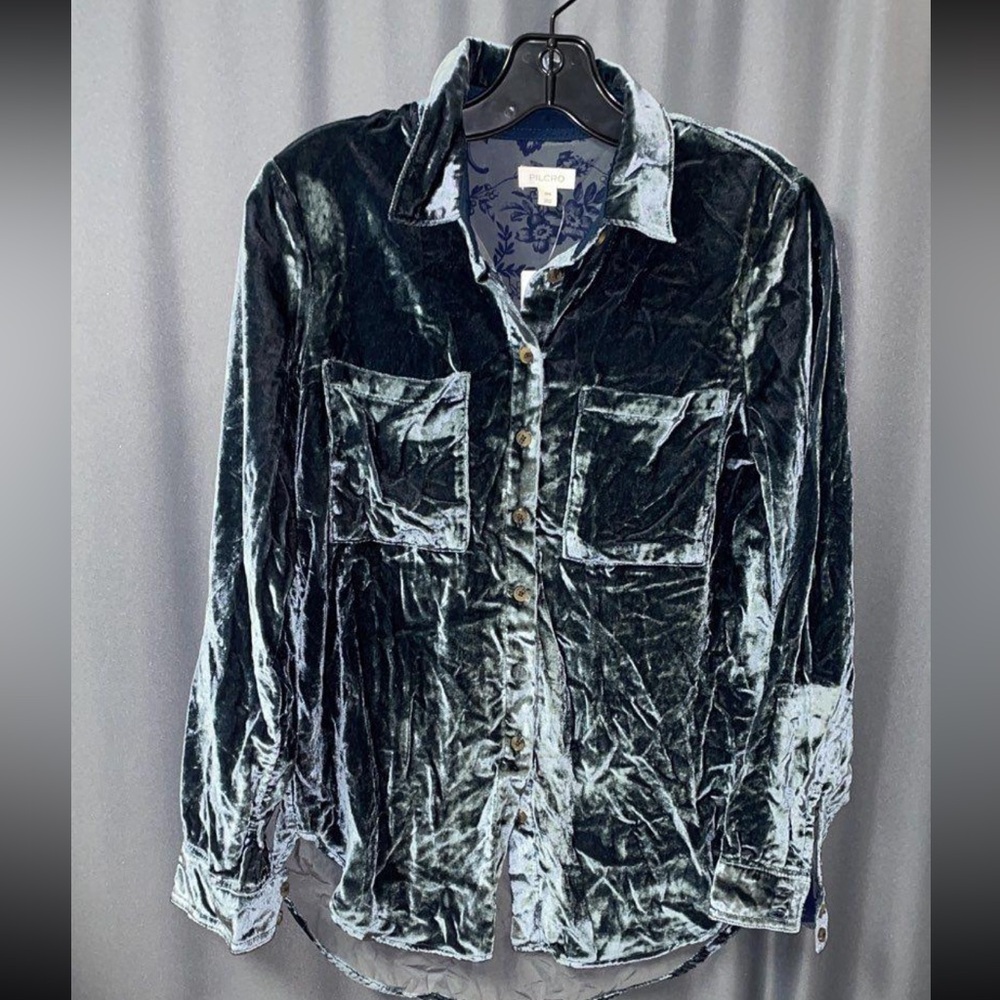 NWT Pilcro by Anthropologie Steel Blue Crushed Velvet/Velour Shirt. Sz XXS